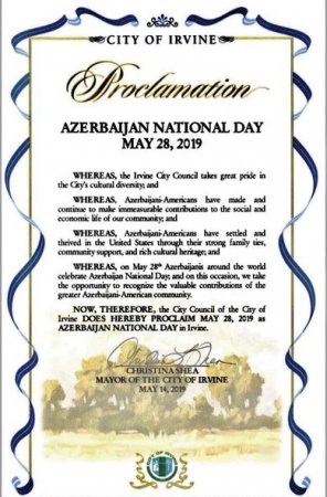 Kaliforniyanın daha bir şəhərində “Azərbaycan Milli Günü” elan edildi